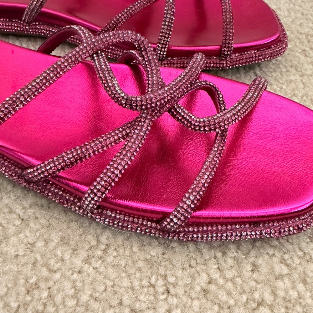 Mix No. 6 Womens 9M Metallic Fuchsia Rhinestone Strappy Square Toe Slide Sandals - Picture 3 of 10